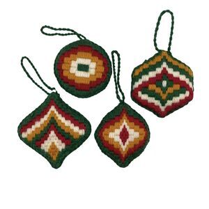 Vintage Bucilla Christmas Needlepoint 4 Ornaments Complete 70s Orange Green Red